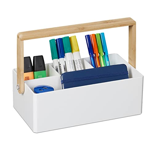 Relaxdays Organizer mit Griff, 4 Fächer, tragbar, Aufbewahrung, Bambus Henkel, Sortierbox, HBT 8,5 x 26 x 16 cm, weiß Relaxdays Organizer mit Griff, 4 Fächer, tragbar, Aufbewahrung, Bambus Henkel, Sortierbox, HBT 8,5 x 26 x 16 cm, weiß von Relaxdays