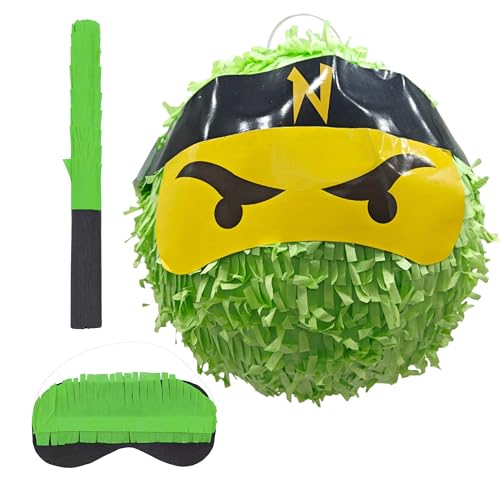 Relaxdays Pinata Ninja, mit Stab & Maske, Partypinata Kinder, für Geburtstag, Schlagpinata zum Befüllen, Ø 25 cm, grün von Relaxdays