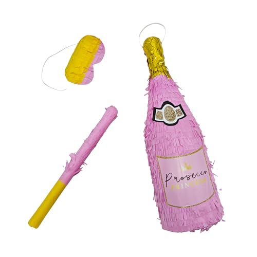 Relaxdays Pinata Sektflasche, Pinata zum Aufhängen, Geburtstag, Partypinata zum Befüllen, mit Stock & Maske, rosa-Gold von Relaxdays