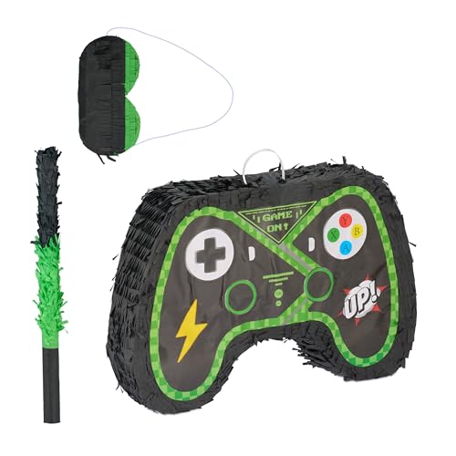 Relaxdays Pinata Set, 3-TLG., Controller, zum Aufhängen, Kinder, Mädchen und Jungs, mit Stab & Maske, unbefüllt, bunt von Relaxdays