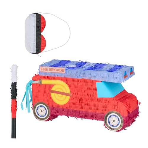 Relaxdays Pinata Set, 3tlg., Feuerwehrauto, zum Aufhängen, Kinder, Mädchen & Jungs, mit Stab & Maske, unbefüllt, rot von Relaxdays