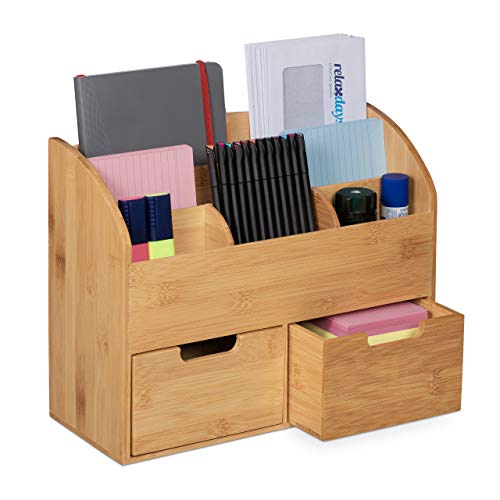 Relaxdays Schreibtisch Organizer, 6 Fächer, 2 Schubladen, für Büroutensilien, Bambus, Briefablage, 26x33x13,5 cm, natur von Relaxdays