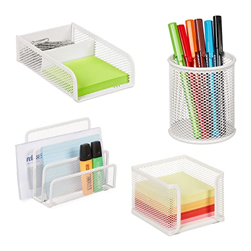 Relaxdays Schreibtisch Organizer Set, 4-tlg., Metall, Dokumentenhalter, Zettelbox, Büroklammer- & Stiftehalter, weiß von Relaxdays