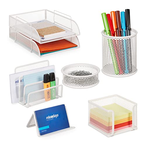 Relaxdays Schreibtisch Organizer Set, 7-tlg., Metall, Ablagefächer, Zettelbox, Brief-, Büroklammer- & Stiftehalter, weiß von Relaxdays