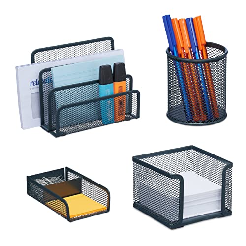 Relaxdays Schreibtisch Organizer Set 4-tlg, Metall, Dokumentenhalter, Zettelbox, Büroklammer- & Stiftehalter, anthrazit, 13,5 x 17,5 x 8 cm von Relaxdays