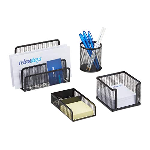 Relaxdays Schreibtisch Organizer Set 4-teilig, Mesh Metall Zubehör mit Briefablage, Stiftehalter und Zettelbox, schwarz, 14.5 x 17.5 x 13.5 cm von Relaxdays