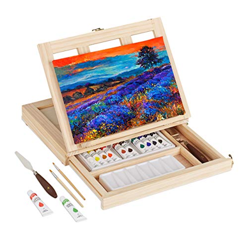Relaxdays Tischstaffelei Holz, 19-tlg., mit Leinwand, Pinsel, Acrylfarben & Malspachtel, verstellbar, natur Relaxdays Tischstaffelei Holz, 19-tlg., mit Leinwand, Pinsel, Acrylfarben & Malspachtel, verstellbar, natur von Relaxdays