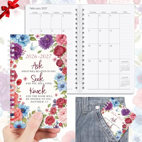 ReliThick Kleiner Taschenkalender 2026–2027 für Geldbörse, Monatsplaner, Notizbuch mit PVC-Einband, Taschenkalender, Tagebücher, Notizblöcke, Wertschätzungsgeschenk für Frauen (Bibelblumen) von ReliThick