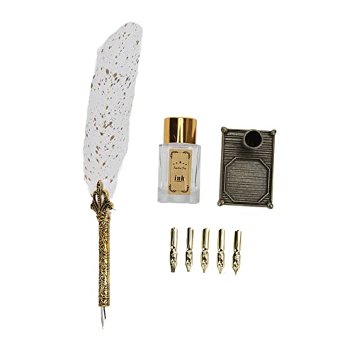 Reliant Jazzy Vintage Plume Calligraphy Pen Set | Zinc Alloy Engraved Nib for Gothic/Italian Writing | Soft Texture Dip Pen with 5 Replaceable Nibs | DIY Art & Lettering Present (White) von Reliant Jazzy