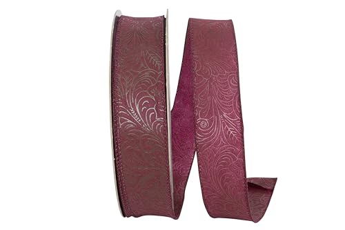 Band – Blattschnörkel-geprägte Drahtkante, Burgunderrot, 3,8 cm, 27,7 m von Reliant Ribbon