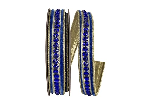 Band – Juwelenbesetzter Plüschsamt, Deluxe-Metallic-Dupioni-Rückseite, Drahtrand, königsblau, 1,6 cm, 4,5 m von Reliant Ribbon