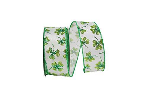 Reliant Ribbon 93105W-983-09F Glitter Shamrock Clover Wired Edge Band, weiß/grün, 1-1/2 Inch X 10 Yards von Reliant Ribbon