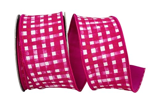 Reliant Ribbon Aquarell-kariertes Deluxe-Schleifenband mit Dupioni-Rückseite, Drahtrand, Hot Pink von Reliant Ribbon