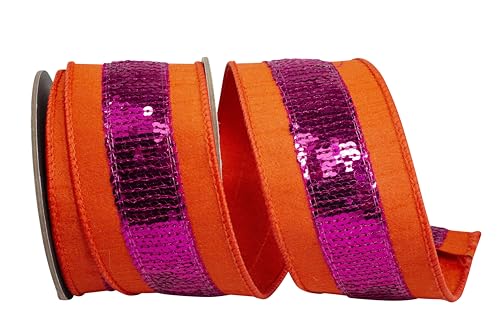 Reliant Ribbon Dupioni-Band mit Pailletten, gestreift, mit Drahtrand, Orange/Fuchsia Reliant Ribbon Dupioni-Band mit Pailletten, gestreift, mit Drahtrand, Orange/Fuchsia von Reliant Ribbon