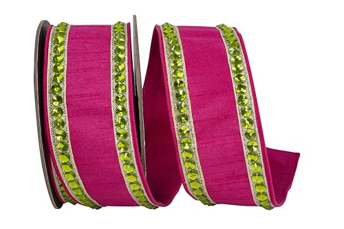 Reliant Ribbon Dupioni-Strassband mit Drahtrand, Deluxe-Rückseite, Fuchsia/Limettengrün von Reliant Ribbon