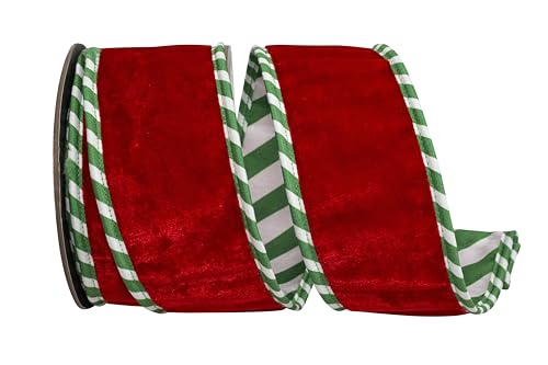 Reliant Ribbon Gestreiftes Plüsch-Samtband mit Drahtrand, Rot/Grün von Reliant Ribbon