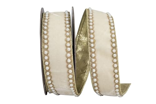 Reliant Ribbon Pearl Plush Velvet Deluxe Splendor Schleifenband mit Drahtrand, metallische Rückseite, cremefarben von Reliant Ribbon