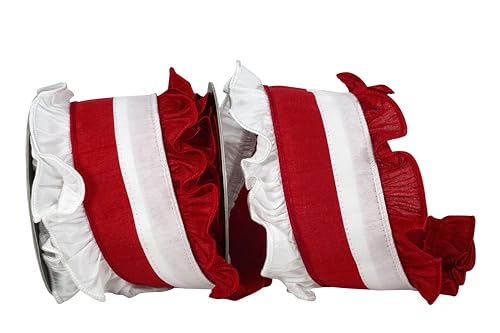 Reliant Ribbon Ruffle Festivity Dupioni Deluxe Schleifenband mit Drahtrand, Weiß/Rot Reliant Ribbon Ruffle Festivity Dupioni Deluxe Schleifenband mit Drahtrand, Weiß/Rot von Reliant Ribbon