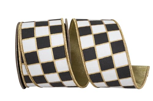 Reliant Ribbon Vergoldetes kariertes Deluxe-Schleifenband mit Metallic-Rückseite, Drahtrand, Schwarz/Weiß von Reliant Ribbon