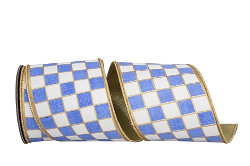 Reliant Ribbon Vergoldetes kariertes Deluxe-Schleifenband mit Metallic-Rückseite, Drahtrand, Weiß/Französisch Blau von Reliant Ribbon