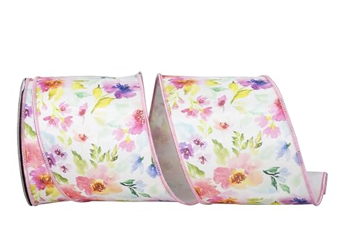 Reliant Ribbon Watercolor Flowers Deluxe Schleifenband mit Drahtrand, Weiß/Rosa Reliant Ribbon Watercolor Flowers Deluxe Schleifenband mit Drahtrand, Weiß/Rosa von Reliant Ribbon