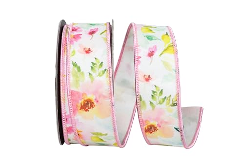 Reliant Ribbon Watercolor Flowers Deluxe Schleifenband mit Drahtrand, Weiß/Rosa Reliant Ribbon Watercolor Flowers Deluxe Schleifenband mit Drahtrand, Weiß/Rosa von Reliant Ribbon