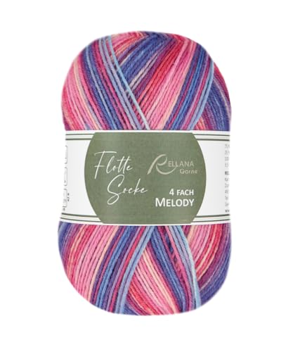 Flotte Socke 4-fach Melody, Sockenwolle 75% Schurwolle, 25% Polyamid, strapazierfähig, weich, mulesingfrei, 100 g/420 m, 40°C waschbar, Trockner geeignet, NS 2-3 mm, (3020 rosa-pink-blau-lila) von Rellana