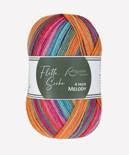 Flotte Socke 4-fach Melody, Sockenwolle 75% Schurwolle, 25% Polyamid, strapazierfähig, weich, mulesingfrei, 100 g/420 m, 40°C waschbar, Trockner geeignet, NS 2-3 mm, (3024 orange-pink-türkis) von Rellana