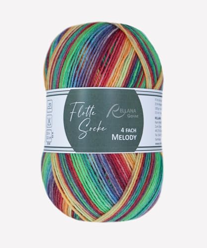 Flotte Socke 4-fach Melody, Sockenwolle 75% Schurwolle, 25% Polyamid, strapazierfähig, weich, mulesingfrei, 100 g/420 m, 40°C waschbar, Trockner geeignet, NS 2-3 mm, (3025 gelb-orange-rot-grün) von Rellana