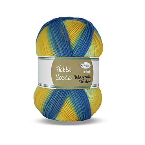 Rellana 4-fädige Sockenwolle,Patagonia Shadow,100g/420m,Traceable Yarn,75 % Schurwolle superwash, 25 % Polyamid (Farbe 1724 gelb-blau) von Rellana
