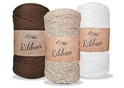 Ribbon Garn XL Sparset Textilgarn Rellana 3x250g nachhaltiges Bändchengarn aus recycelter Baumwolle (Braun-Beige-Weiss) von Rellana