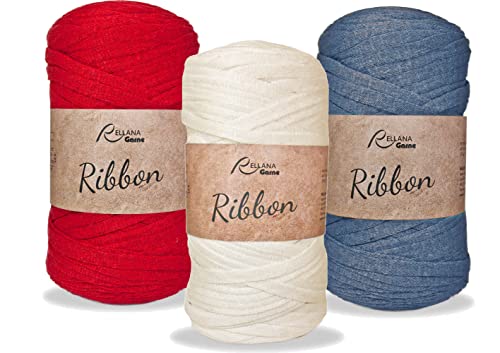 Ribbon Garn XL Sparset Textilgarn Rellana 3x250g nachhaltiges Bändchengarn aus recycelter Baumwolle (Rot-Natur-Jeans) von Rellana