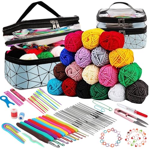 Relland Häkelset für Anfänger 105 Stück Häkelnadel Set, Stricken für Anfänger Paket Häkel Set Häkelnadeln Satz, mit Wolle und Strickzubehör von Relland