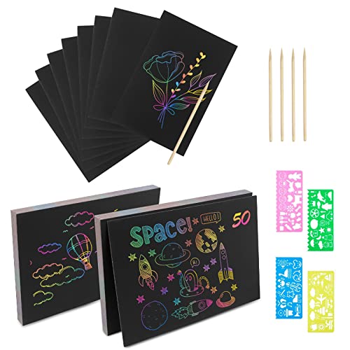 Relota 50 Stück Kratzbilder für Kinder, Blätter Regenbogen Kratzpapier mit 5 Holzstifte, 4 Malschablonen, Malbuch Magic Scratch Book, Kratzbild Set zum Zeichnen und Basteln für Jungen Mädchen DIY von Relota