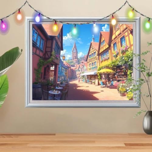 5D DIY Diamond Painting Kinder Dorf, Diamant Painting Bilder (100x133cm), Mosaikherstellung Nach Zahlen Cross Stitch Malerei Set, Straße Daiments Painting Erwachsene für Haus Dekoration 57H-8759 von Reluehu
