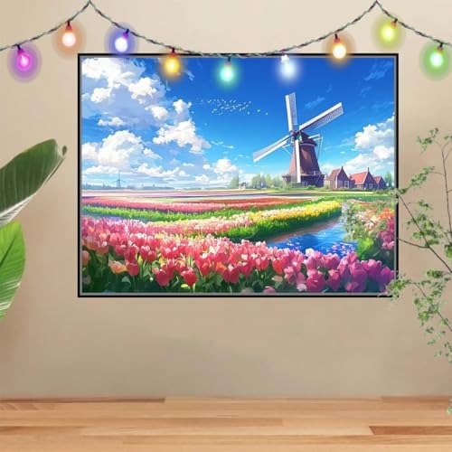 5D DIY Diamond Painting Kinder Windmühle und Tulpen,Diamant Painting Bilder 40x50cm,Mosaikherstellung Malen Nach Zahlen Cross Stitch Malerei Set,Daiments Painting Erwachsene für Wand Decor 4E-4033 von Reluehu
