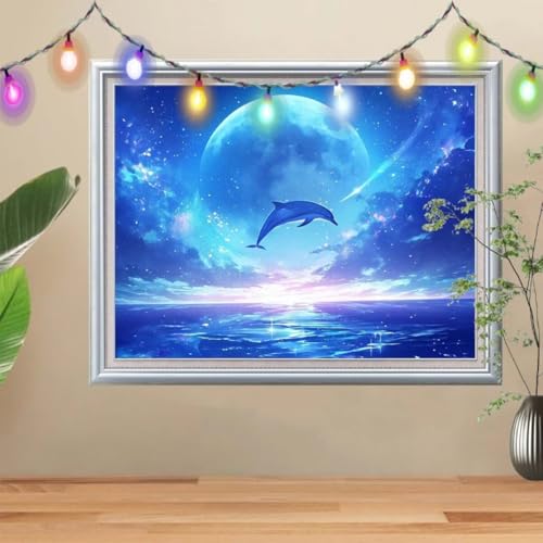 5D Diamond Painting, Mond Diamant Painting Bilder, Delfin Mosaic Making für Kinder, DIY Diamond Painting Erwachsene groß (30x40cm), Cross Stitch Diamant Painting für Gift Home Wall Decor 57H-9642 von Reluehu