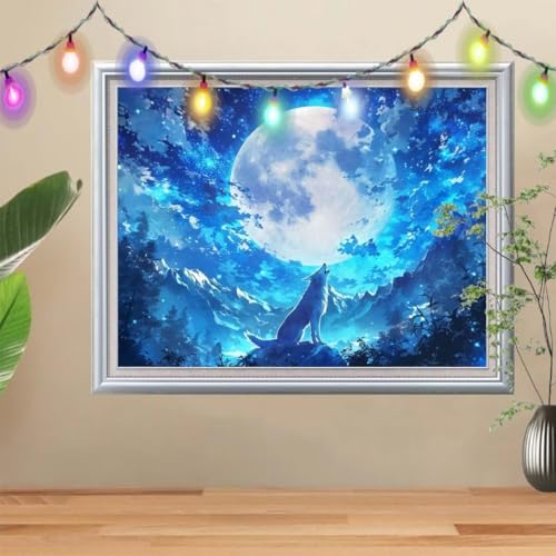 5D Diamond Painting, Mond Diamant Painting Bilder, Wolf Mosaic Making für Kinder, DIY Diamond Painting Erwachsene groß (100x133cm), Cross Stitch Diamant Painting für Gift Home Wall Decor 57H-9689 von Reluehu