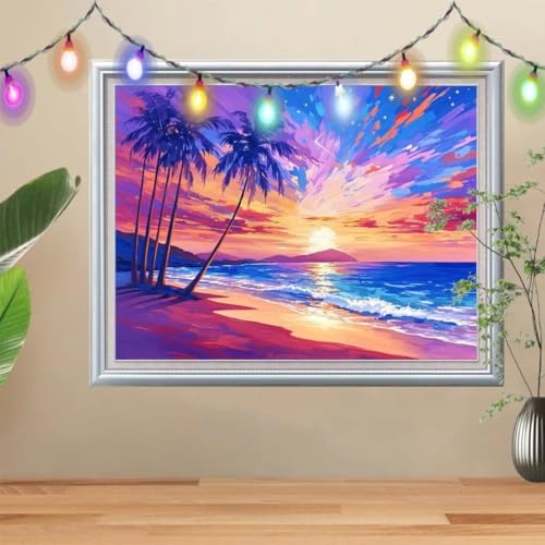 5D Diamond Painting, Palme Diamant Painting Bilder, Meer Mosaic Making für Kinder, DIY Diamond Painting Erwachsene groß (100x133cm), Cross Stitch Diamant Painting für Gift Home Wall Decor 57H-9969 von Reluehu