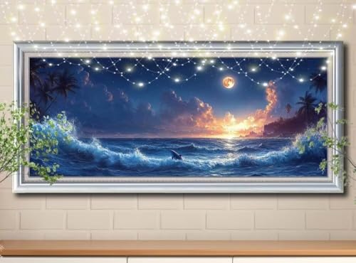 5D Diamond Painting Erwachsene Delfin,Mond,DIY Diamant Painting Bilder Kinder (100x250cm),Crystal Strass Stickerei Diamant Malerei Kit,Diamant Crystal Arts Craft für Geschenk Wand Decor 8Y-10830 von Reluehu