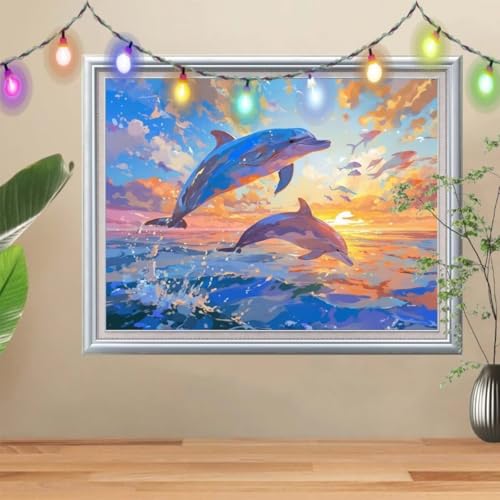 5D Diamond Painting Erwachsene Sonnenuntergang,DIY Delfin Diamant Painting Bilder Kinder (30x40cm),Crystal Strass Stickerei Painting Diamant Malerei Kit,Diamant Arts Craft für Wand Decor 57H-8652 von Reluehu