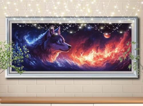 5D Diamond Painting Erwachsene Wolf, Sternenhimmel, DIY Diamant Painting Bilder Kinder (100x250cm), Crystal Strass Stickerei Diamant Malerei Kit, Diamant Crystal Arts Craft für Wand Decor 8Y-11970 von Reluehu