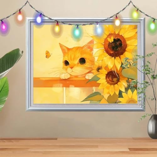 5D Sonnenblume Diamond Painting Set,Full Katze Diamant Painting Bilder Erwachsene groß 60x80cm,DIY Diamant Kristall Strass Stickerei Bilder nach Zahlen,Diamanten Painting für Home Wanddeko 57H-3825 von Reluehu
