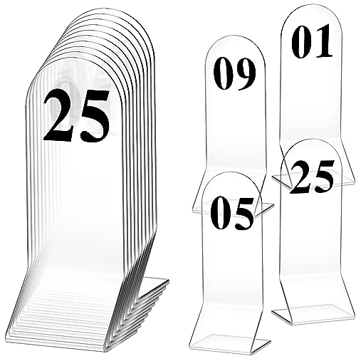 25 Stück Tischnummern 1-25 Acryl Zelt-Tischnummern Acryl doppelseitige Zahlenkarten Zelt Tischnummern Karten Restaurant Hochzeit Tischnummer für Restaurant Cafés Bankette, 5,9 x 16,3 cm (transparent) von Remerry