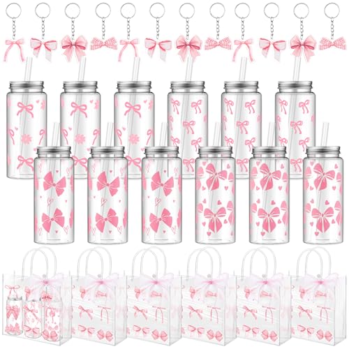 Remerry 12er-Set rosa Schleife, Partygeschenke, rosa Schleife, transparente Geschenktüten mit Griff, Kunststoffbecher mit Deckel und Strohhalm, 383 ml, Acryl-Schlüsselanhänger für Kokette, Geburtstag Remerry 12er-Set rosa Schleife, Partygeschenke, rosa Schleife, transparente Geschenktüten mit Griff, Kunststoffbecher mit Deckel und Strohhalm, 383 ml, Acryl-Schlüsselanhänger für Kokette, Geburtstag von Remerry