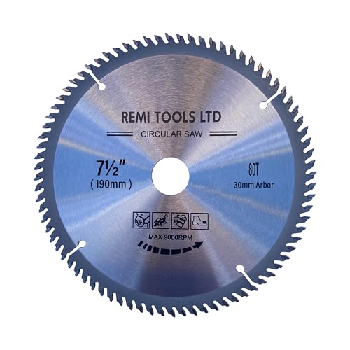 REMI TOOLS LTD Sägeblatt, TCT-Kreissägeblätter, 190 mm x (30 mm Bohrung) (16 mm & 20 mm Reduzierring) x 80 Zähne x 2,5/2,6 mm Schnittfuge, kompatibel mit Festool Bosch Makita Dewalt Kreissäge usw von Remi Tools(R)