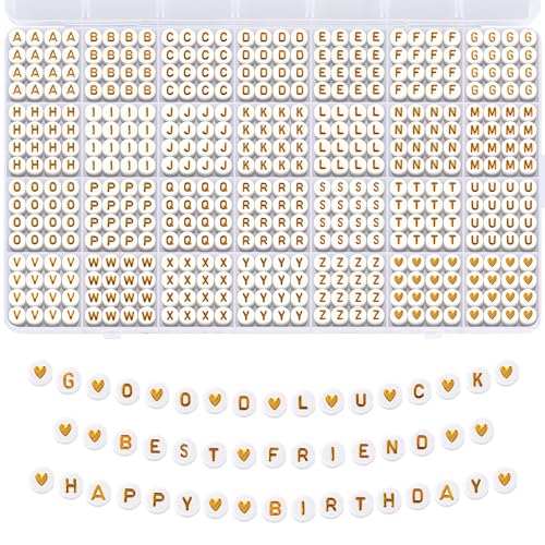 Remione 1400 Stück Buchstabenperlen A-Z Alphabet Perlen Set Perlen für Armbänder zum Auffädeln Schmuck Selber Machen Gold & Weiß RM040 von Remione