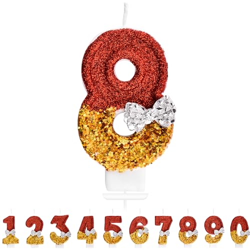 Remione Geburtstagskerze Zahlenkerze Kerze Zahl 8 Rot & Gold mit Silberbogen für Torte Geburtstag Mädchen Feier Kuchen Deko RM037 Zahl 8 von Remione