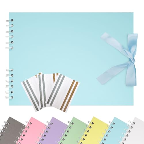 Remowith 21,5 x 15 cm Scrapbook-Album mit Band, Bastelpapier Fotoalbum für Hochzeit und Jubiläum, Familien DIY Fotoalbum mit Eckenaufklebern 40 Seiten Hellblau von Remowith