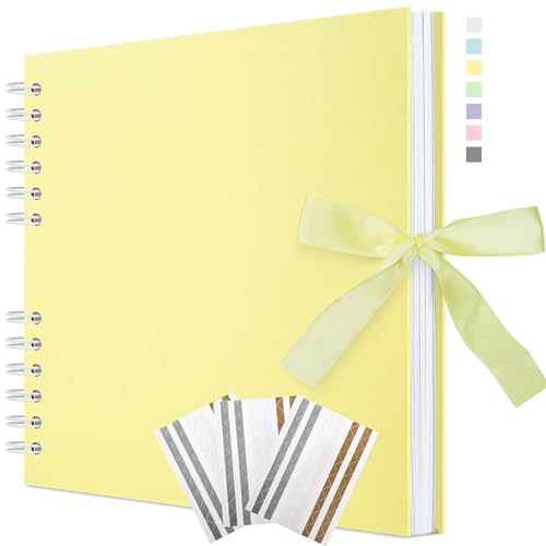 Remowith 29 x 21,5 cm Scrapbook-Album mit Band, Bastelpapier Fotoalbum für Hochzeit und Jubiläum, Familien DIY Fotoalbum mit Eckenaufklebern 100 Seiten Hellgelb von Remowith